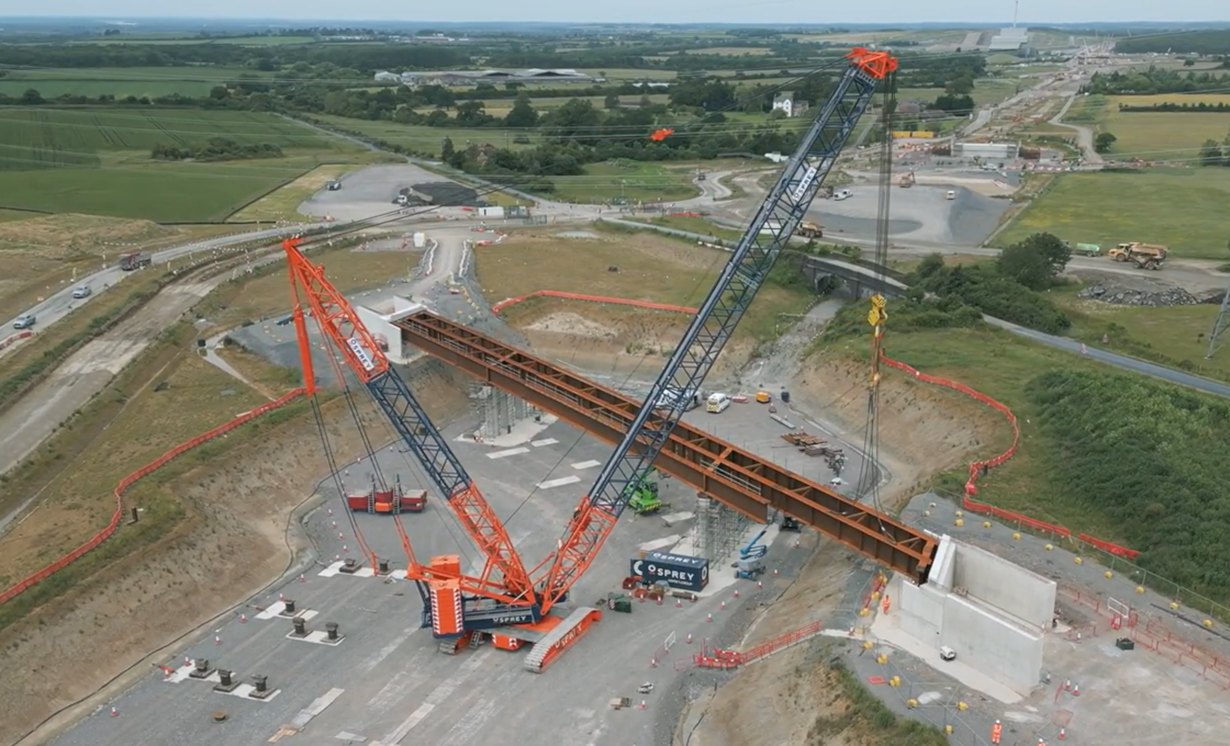 Lifting the main steel sections that form the beams for HS2's Edgcott Road overbridge June 2024