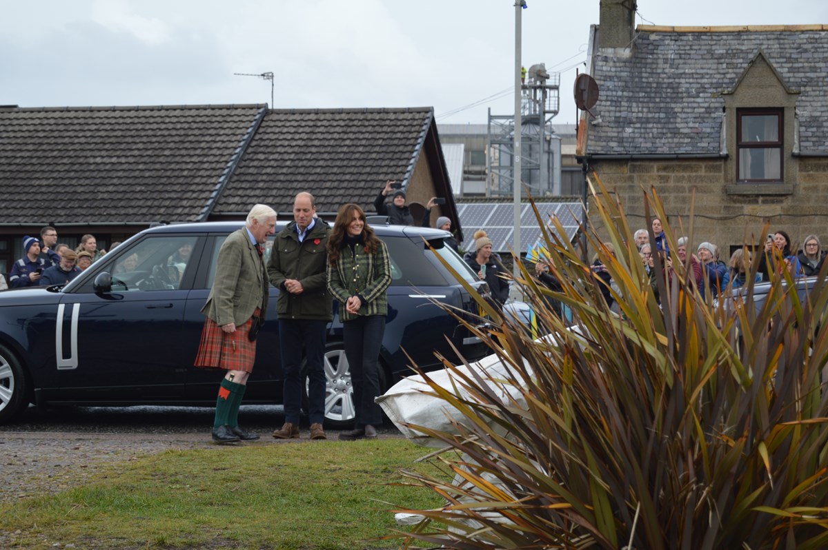 Lord Lieutenant Seymour Monro welcoming Duke and Duchess of Rothesay to Burghead