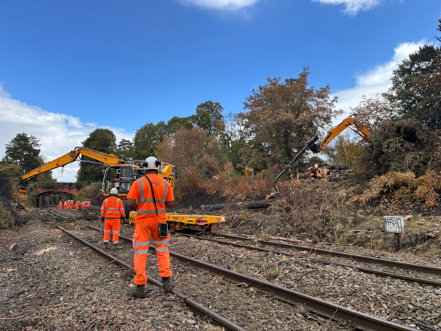 Network Rail engineers clearing fire-damaged vegetation from the railway in Stourbridge: Network Rail engineers clearing fire-damaged vegetation from the railway in Stourbridge