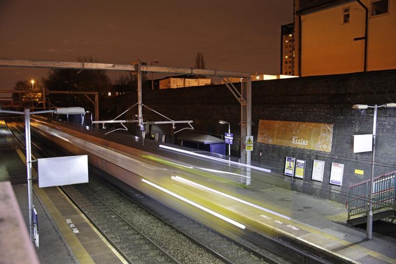 NW electrification: first train passing through Eccles 8 Dec 2013