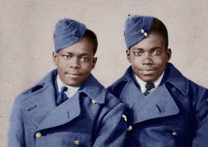 Alford Gardner Leeds Award: Nineteen year old Alford Gardner (right) c. 1945 with childhood friend Dennis Reed who also volunteered for WW2 RAF service. Photo from Alford's collection.