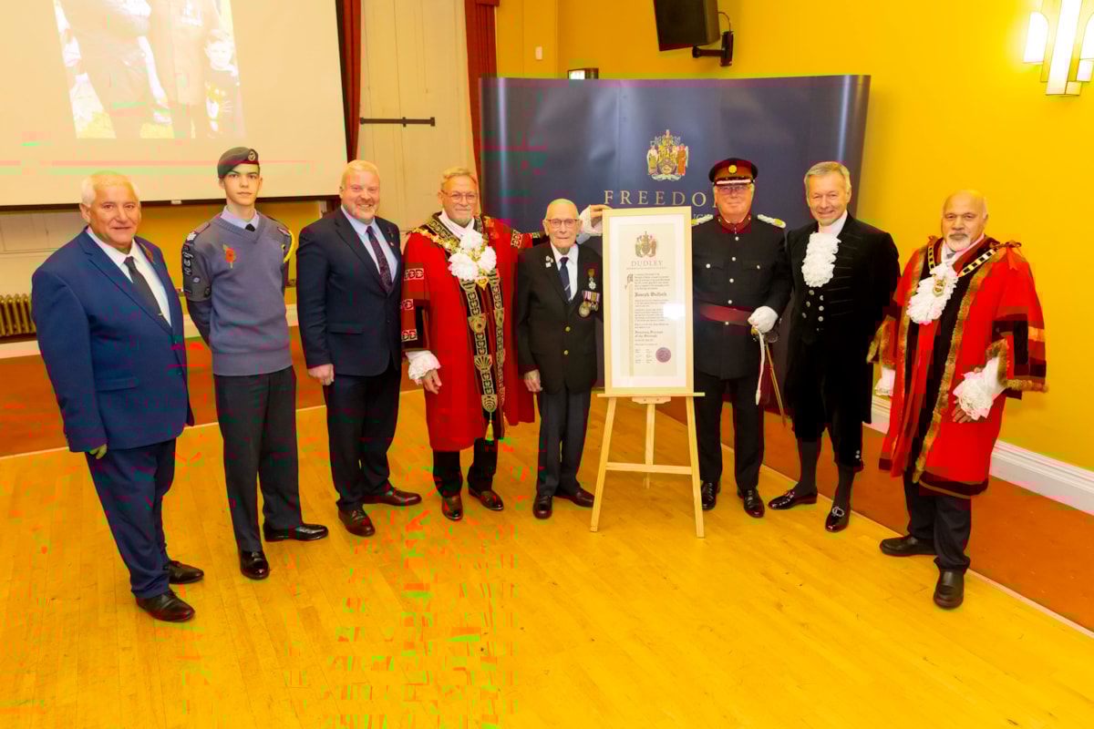 Cllr Patrick Harley, Mayor's cadet, Cllr Damian Corfield,  Mayor of Dudley, Joe Bullock, DL Nick Venning, High Sherrif Mark Smith & Deputy Mayor