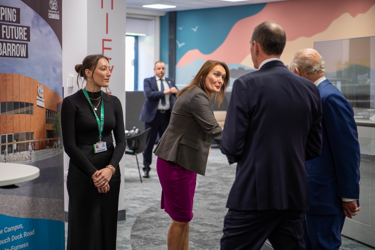 University of Cumbria Vice Chancellor Professor Julie Mennell DL greets His Majesty King Charles III as he visits The Bridge in Portland Walk, Barrow, on 22 September 2025 as part of the Royal visit arranged to celebrate the Royal Charter being bestowed upon the Port of Barrow.
Also pictured are Uni