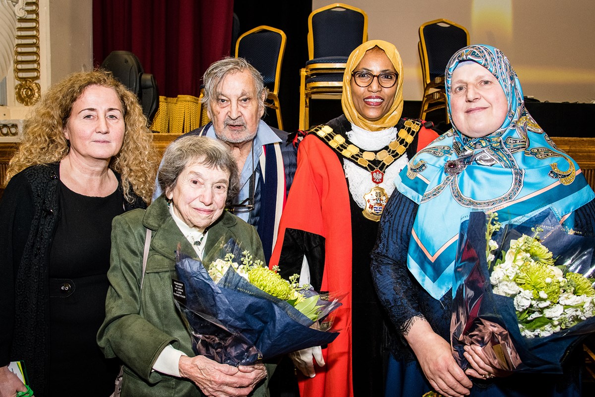 From left: Islington Council's Executive Member for Community Development Cllr Una O'Halloran, Holocaust survivor Hana Kleiner and husband Cedric Isaac, Mayor of Islington Cllr Rakhia Ismail, Bosnian Genocide survivor Mevlida Lazibi.