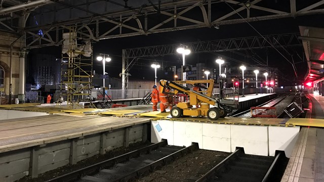 View of platform bridge made of polystyrene for Piccadilly roof repairs: View of platform bridge made of polystyrene for Piccadilly roof repairs