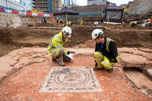 Archaeologists recording later mosaic from Liberty of Southwark Mausoleum © MOLA