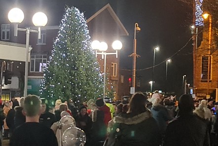 Christmas tree lit up in Brierley Hill