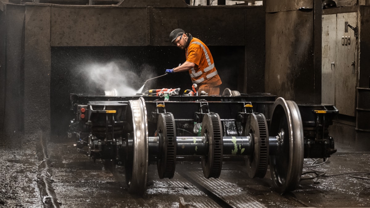 As part of the overhaul, the bogie frames are washed, stripped into component parts that are reconditioned before being painted and reassembled.