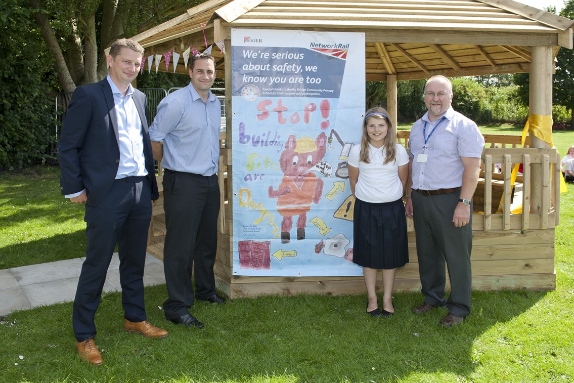 Selby winning poster 2: The winning design created by Wiki Czech was showcased at the opening ceremony of the new outdoor classroom donated to Barlby Bridge Community Primary School by the Network Rail project team working on the refurbishment of the nearby Selby Swing Bridge. It will be displayed within the community to help reinforce awareness of the importance of safety around railways.