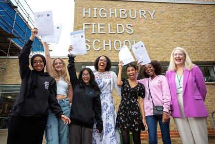Highbury Fields students celebrate with Cllr Kaya Comer-Schwartz, centre, and Sarah Callaghan, Director of Learning and Culture, right