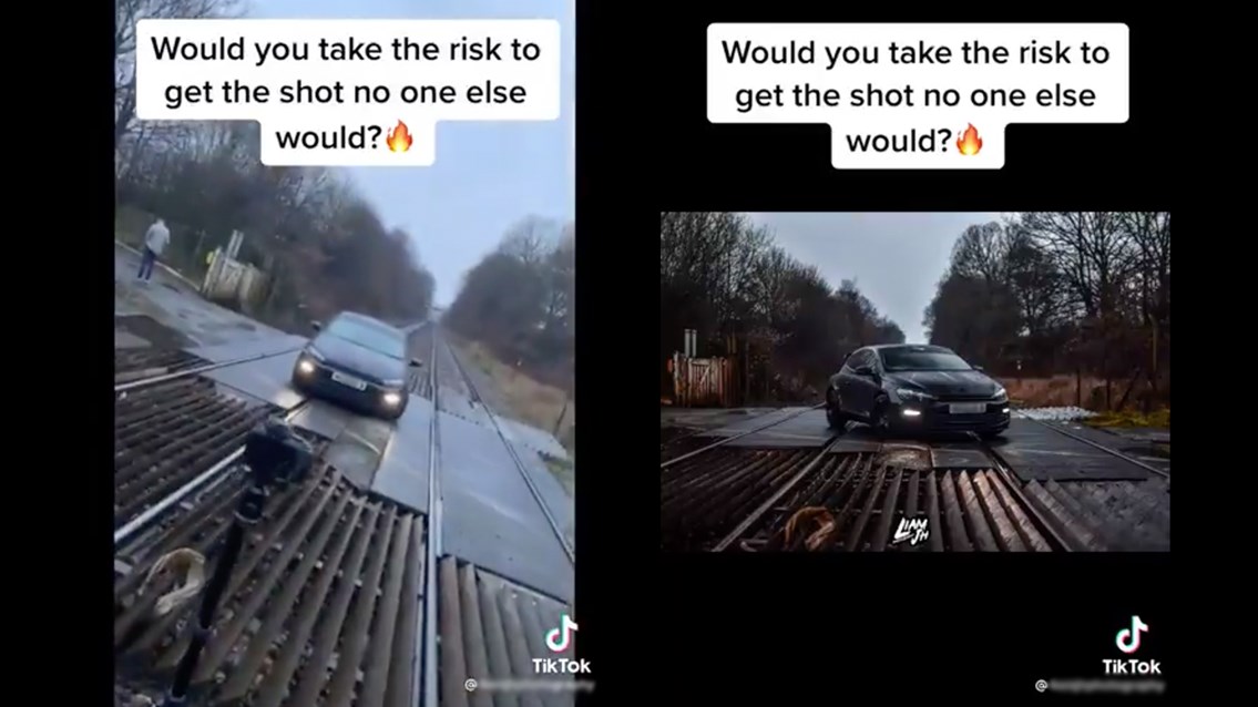 Network Rail slams reckless TikTok of live railway photoshoot: TikTok screen shot images trespass level crossing Network Rail slams reckless TikTok of live railway photoshoot: TikTok screen shot images trespass level crossing