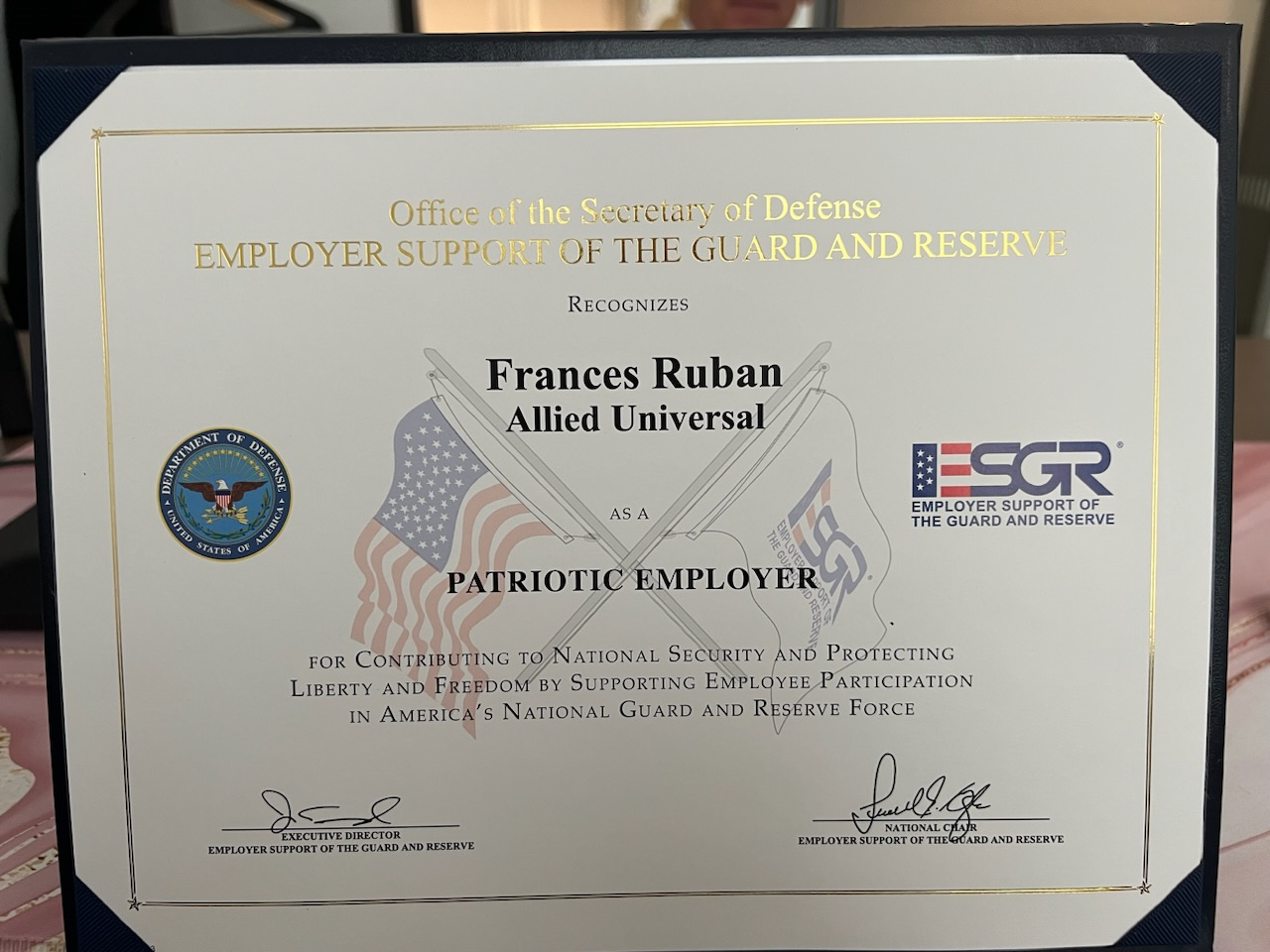 Allied Universal Employee Receives “Patriot Employer” Award From Office ...