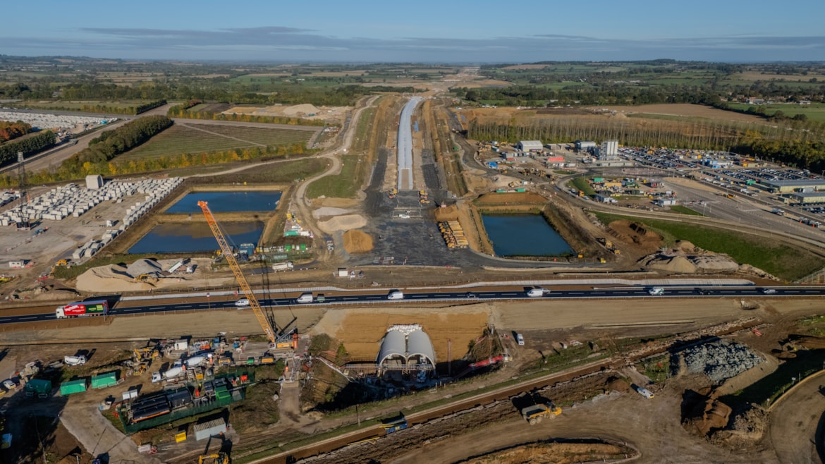 Major milestone for HS2’s Chipping Warden tunnel: A361 realigned over the Chipping Warden green tunnel looking north Oct 2025
