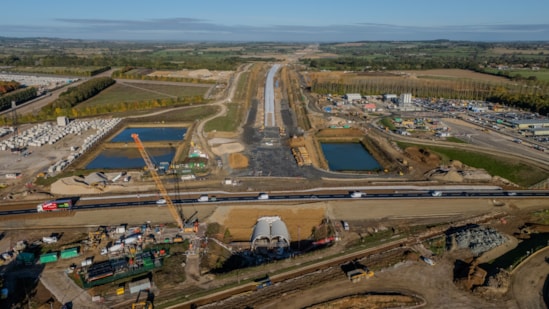 Major milestone for HS2’s Chipping Warden tunnel: A361 realigned over the Chipping Warden green tunnel looking north Oct 2025