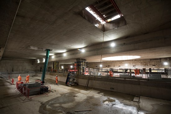 Old Oak Common Station, February 2023: View inside HS2 Old Oak Common station, where engineers have excavated to -1 intermediate concourse level.