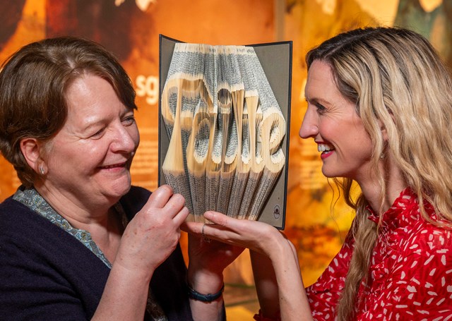 Gaelic Tourism Strategy launch 2 - Ulrika Hogg and Joy Dunlop: Ulrike Hogg, Curator, National Library of Scotland and Joy Dunlop, singer and Director of Seachdain na Gàidhlig (World Gaelic Week) launch the Gaelic Tourism Strategy for Scotland 2024 – 2029 at the National Library of Scotland in Edinburgh. (Credit – VisitScotland / Phil Wilkinson)