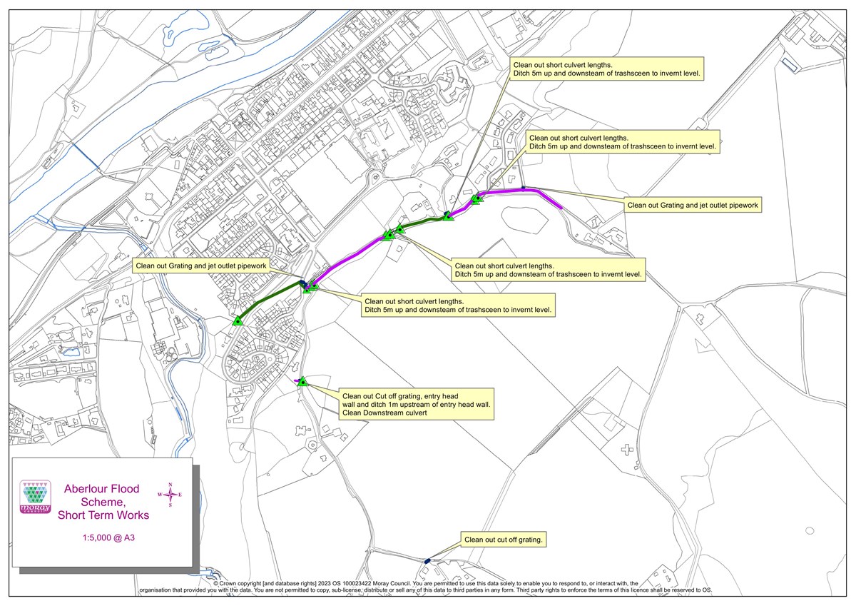 Map and detail of works being carried out in Aberlour flood protection June 2023.