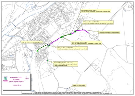 Map and detail of works being carried out in Aberlour flood protection June 2023.
