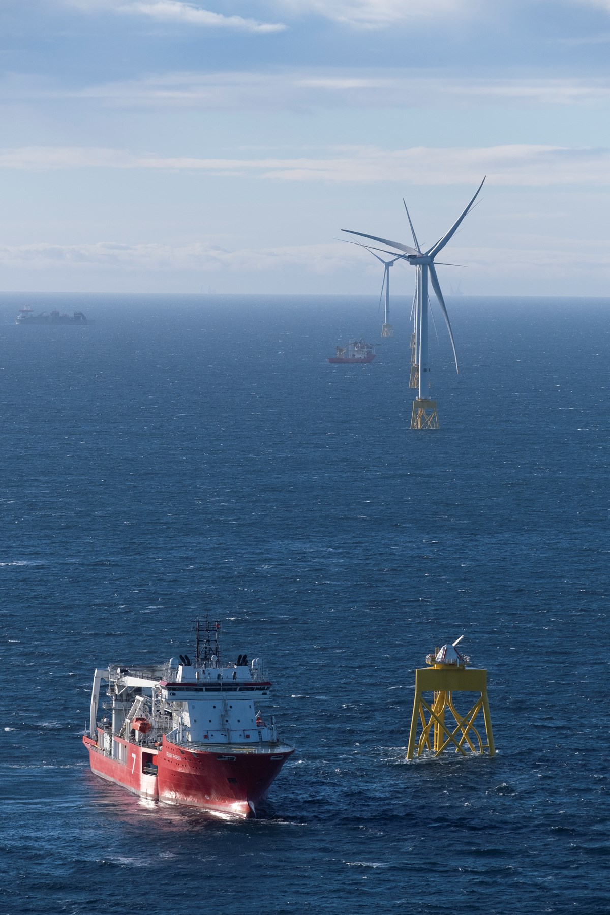 Red vessel is the Seaway Phoenix employed to undertake inter-array cable installation (the cable strings that run between the turbines and the Offshore supply platform.