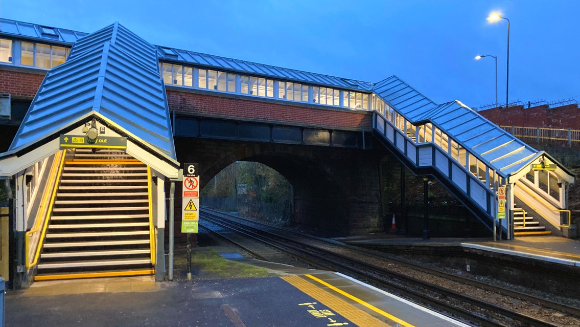 Bromborough station footbridge from platform