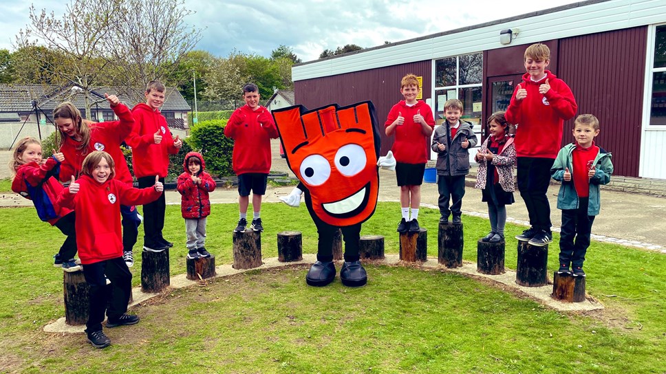 Pupils from Mosstodloch Primary School with Strider