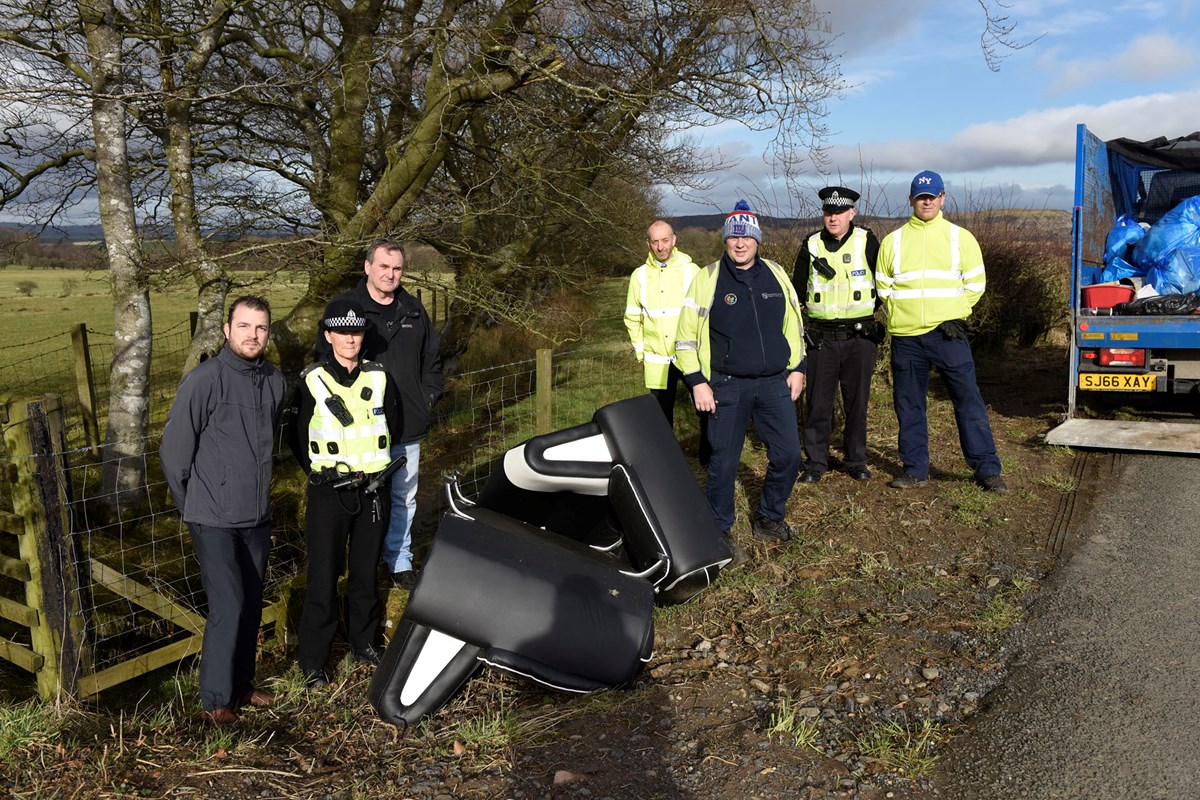 Cllr McMahon is joined by Police Scotland, the CEU and Outdoor Services hit squad