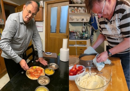 James and Greame make pizza and cake together virtually