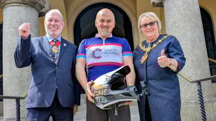 Fundraiser Stephen Griffiths with the mayor of dudley and the mayor's consort