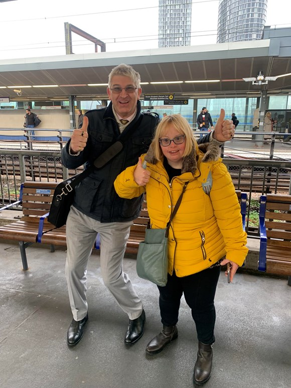 Transport for London joins forces with Bild and People First to help improve services for people with autism, learning disabilities or difficulties: Kate Brackley, Learning Disability Advisor at Bild celebrates with Andrew Lee, Director at People First after travelling on the Tube on her own for the first time