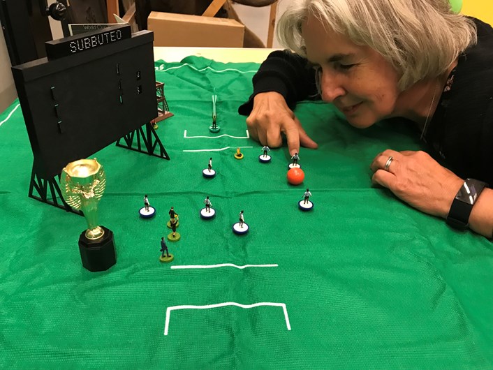 Subbuteo collection: Kitty Ross, curator of social history, tries out some of the and accessories from the newly-acquired Subbuteo sets which have become part of the Leeds Museums and Galleries collection.
