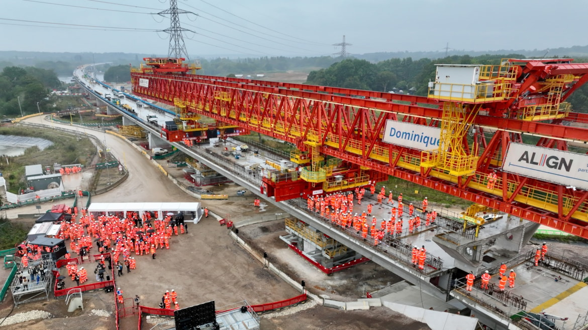 Britain gets its new longest rail bridge in major HS2 milestone: 240905 Final deck segment of Colne Valley viaduct installed DJI 0767