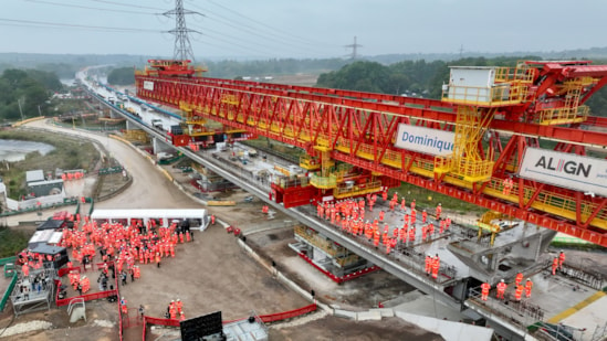 Britain gets its new longest rail bridge in major HS2 milestone: 240905 Final deck segment of Colne Valley viaduct installed DJI 0767