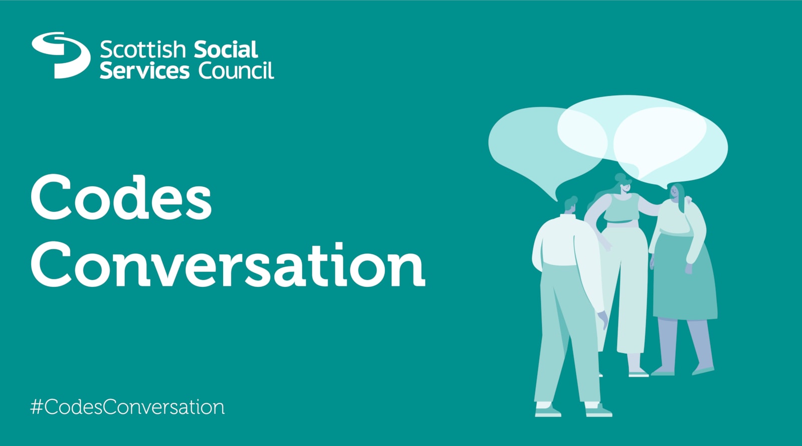 Codes conversation image: Codes Conversation image with graphic of three people talking and the #CodesConversation hashtag