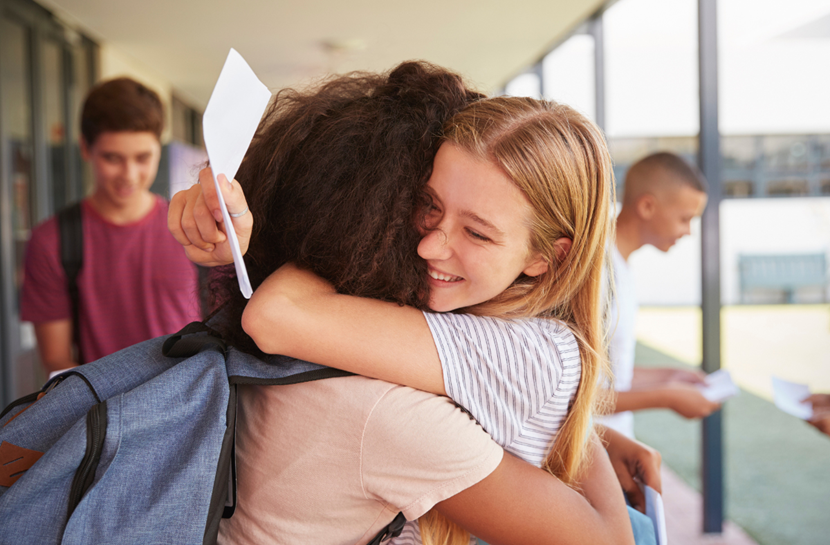 Exam results celebrations for Leeds GCSE students: results stock