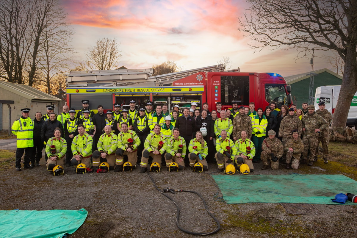 Students and staff from University of Cumbria's Institute of Health paramedic science teams along with representatives from Cumbria Police, Lancashire Fire and Rescue Service, North West Ambulance Service and 335 Medical Evacuation Regiment taking part in the university's Exercise Green Fledgling on