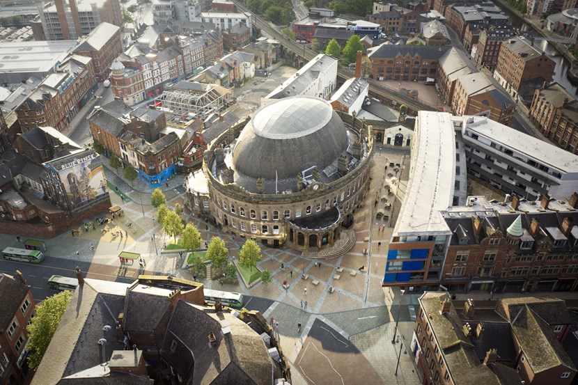 Leeds City Council approves funding to improve public realm outside the city’s iconic Corn Exchange building: CornExchange AerialView 01