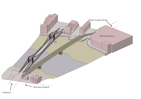 TfL Press Release - Temporary walking and cycling crossing proposed as part of the restoration of Hammersmith Bridge: TfL Image - Hammersmith Bridge & Temporary Bridge Model