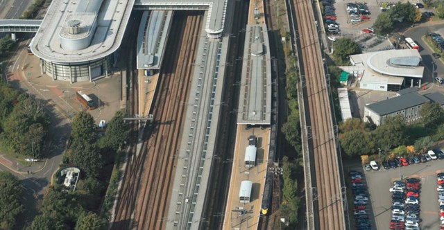 Ashford International aerial: Ashford International aerial - the international platforms are the middle two. Left to right: Platforms 1+2, two through lines, platforms 3+4, platforms 5+^ and then the Ashford avoiding lines (High Speed 1)