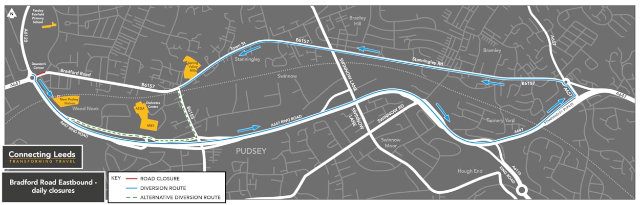 Dawsons diversion map Bradford East Road closure