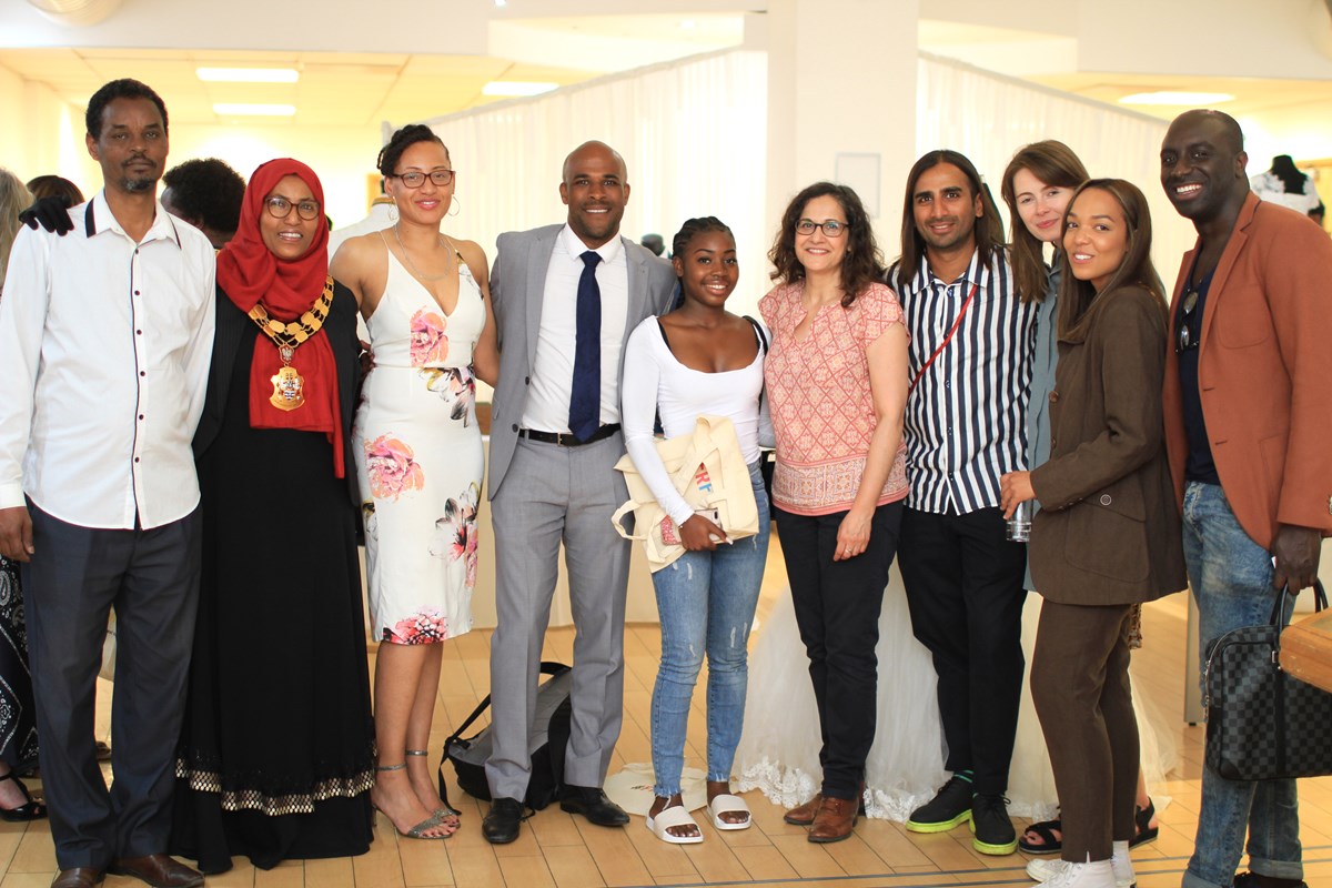 Mayor of Islington Cllr Rakhia Ismail, second from left, and Cllr Asima Shaikh, fifth from right, with volunteer models for the #FRFV lookbook and officers who have helped with the marketing campaign.