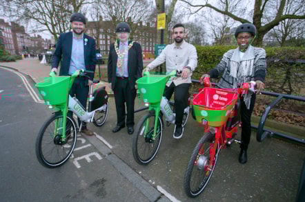 Mayor of Hackney Philip Glanville and Cabinet Member Cllr Mete Coban with ward cllrs Michael Desmond and Sem Moema at a new dockless bay