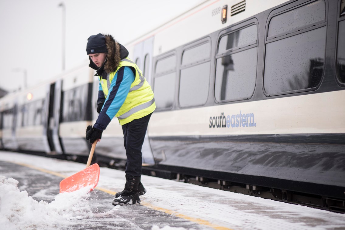 Ice, ice maybe? The weather outside may turn frightful, but Network Rail and Southeastern’s snow-and-ice-busting trains will work around the clock to keep you moving: Southeastern train in the snow 2018