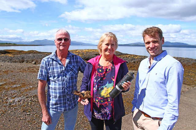 IMG 4671: Environment Secretary Roseanna Cunningham was in Oban today (9 Aug) to announce a new research programme to monitor the common skate. Skate populations have declined by over 90% over the past 100 years due to overfishing. Pictured here with local fisherman Ronnie Campbell, and Dr James Thorburn of St Andrews University.