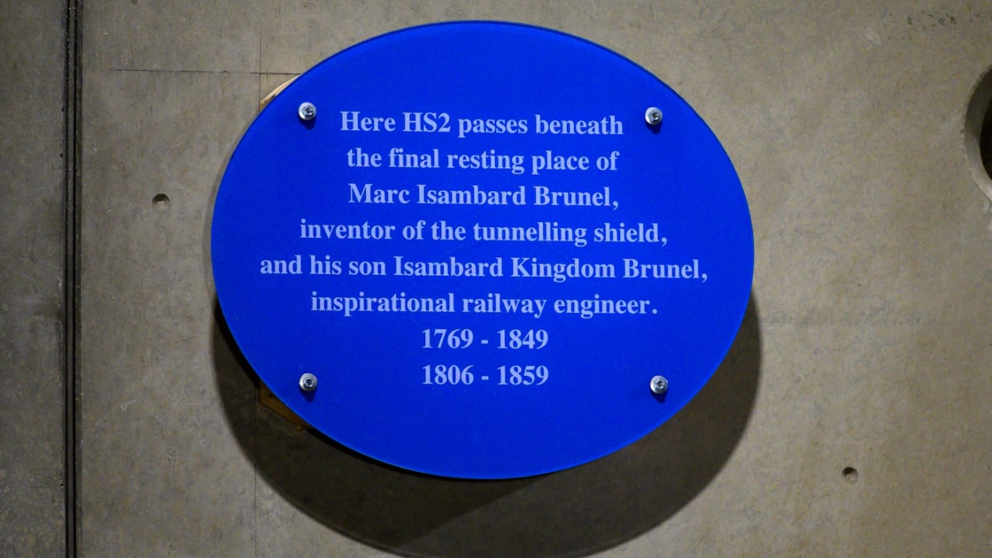 HS2 installs plaque in Euston Tunnel where it passes under the final resting place of Sir Marc Brunel and his son Isambard Brunel cropped