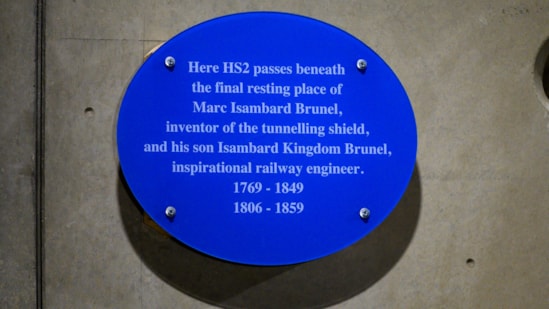 HS2 installs plaque in Euston Tunnel where it passes under the final resting place of Sir Marc Brunel and his son Isambard Brunel cropped: HS2 installs plaque in Euston Tunnel where it passes under the final resting place of Sir Marc Brunel and his son Isambard Brunel cropped