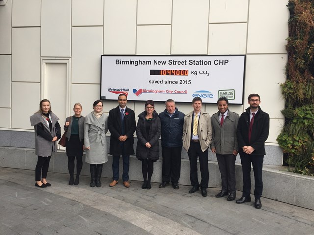 Councillor Lisa Tricket(centre) with staff from Network Rail, Engie and Birmingham City Council following the unveiling of the CO2 counter at Birmingham New Street
