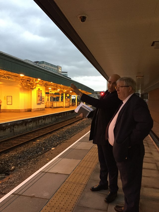 Paul McMahon, route managing director for Network Rail Wales, with Patrick McLoughlin, secretary of state for transport, in Cardiff Central station