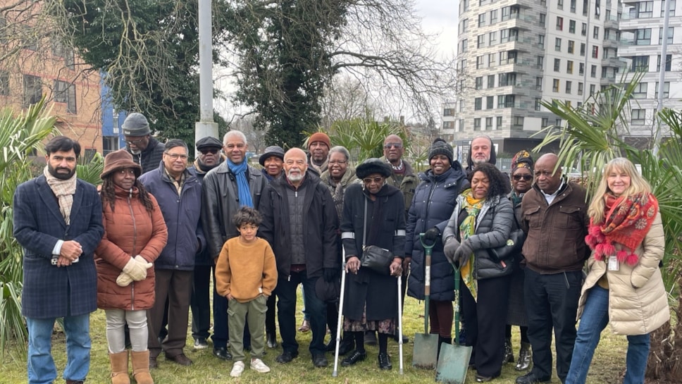 The Windrush Community Group and councillors plant palm trees on the Chatham Street roundabout