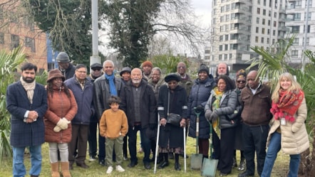 The Windrush Community Group and councillors plant palm trees on the Chatham Street roundabout