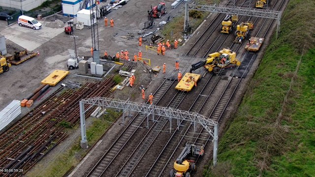 May bank holiday upgrades complete between London and Scotland: Drone shot of signalling gantries being replaced in Crewe